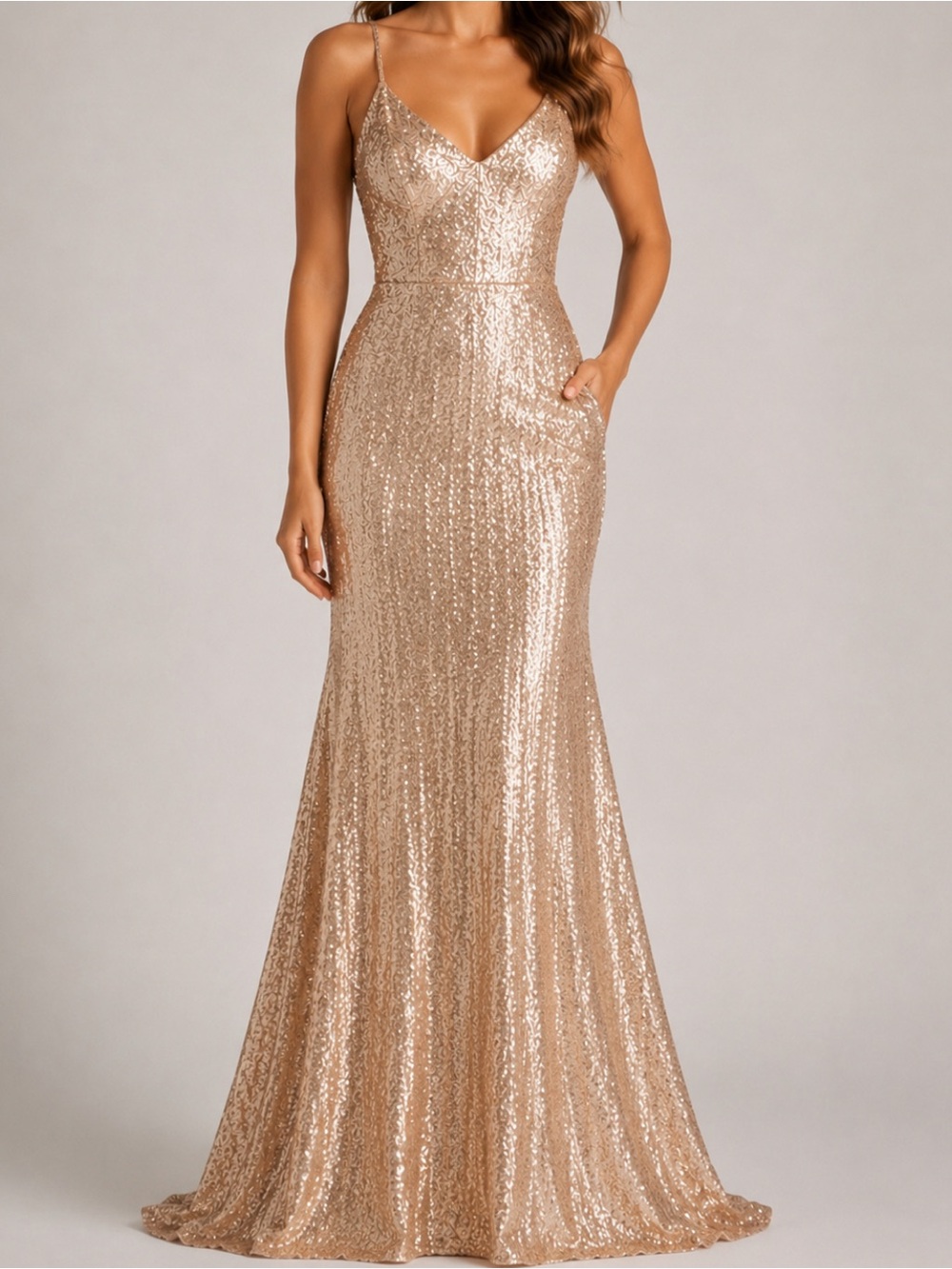 Mori Lee Rose Gold Champagne Sequin Formal Prom Sweetheart Strappy A-Line Gown